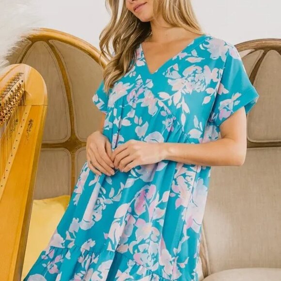 BiBi Floral Crinkle Shirred Ruffle Detail V‎ Neck Dress - Picture 6 of 16